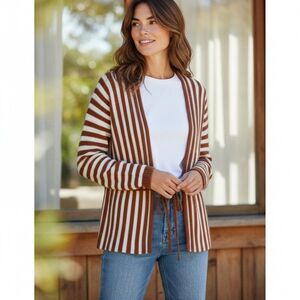 Kerisma Burnt Orange Gray Striped Open Front Tie Cardigan Women’s Size M/L Soft